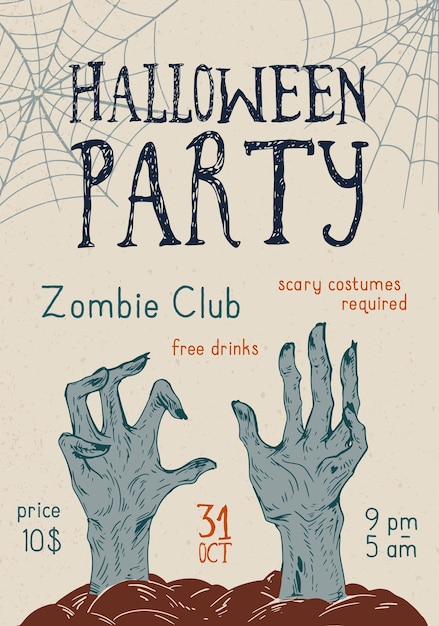 Ilustración de vector de cartel de promoción de fiesta de tema de halloween. publicidad colorida del evento del día de todos los santos con lugar para texto aislado. manos zombies realistas de la tumba con elementos web y de diseño.