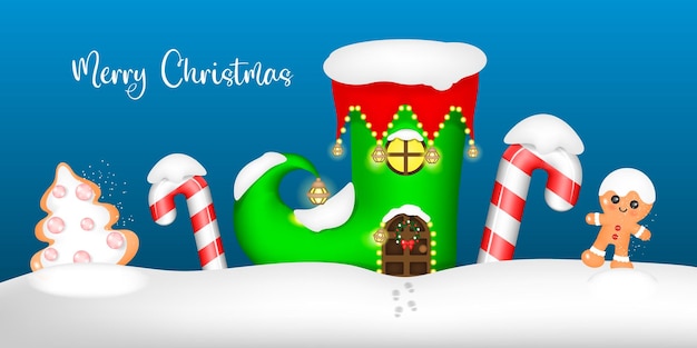 Ilustración de vector de casa de elfo de Navidad de banner 3D