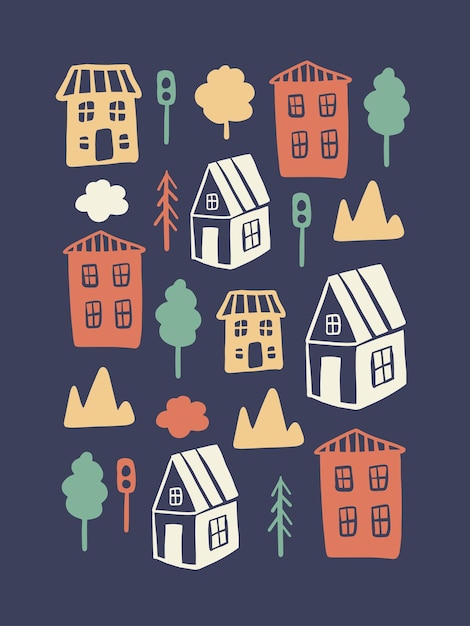 Ilustración de vector de casas de garabato colorido simple