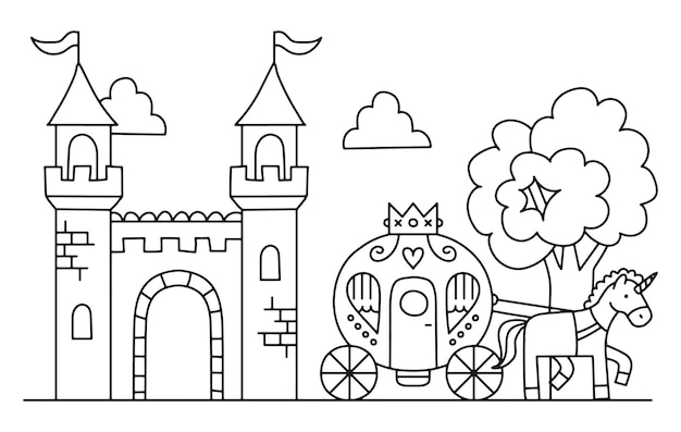 Ilustración de vector de castillo, carro y unicornio de cuento de hadas