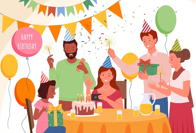 Ilustración de vector de celebración de fiesta de cumpleaños Familia feliz de dibujos animados y amigos saludando personajes alegres dando regalo presente celebrar el día del aniversario con banderas de pastel y fondo de globo