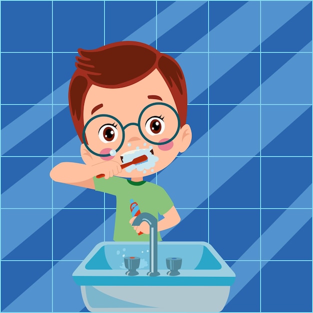 Ilustración de vector de cepillado de dientes de niño