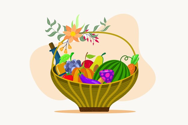 Ilustración de Vector de cesta de frutas de día de acción de gracias