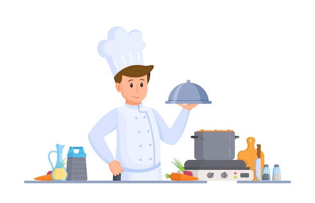 Ilustración de vector de chef cocinando. cocinar en la cocina. comida a domicilio. estilo minimalista. aislado sobre fondo blanco.