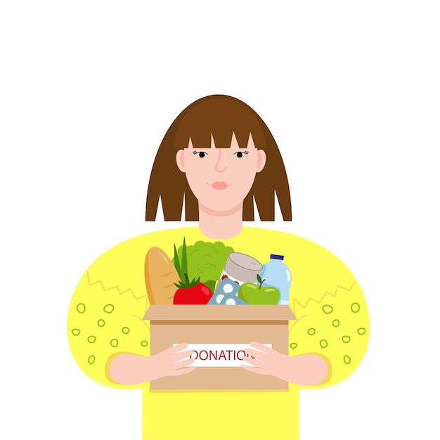 Ilustración de vector de chica con caja de donación en manos en estilo plano.