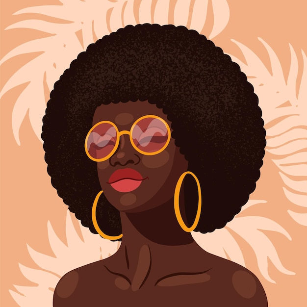 Ilustración de vector de chica fuerte negra de estilo plano de moda de retrato de mujer afroamericana joven