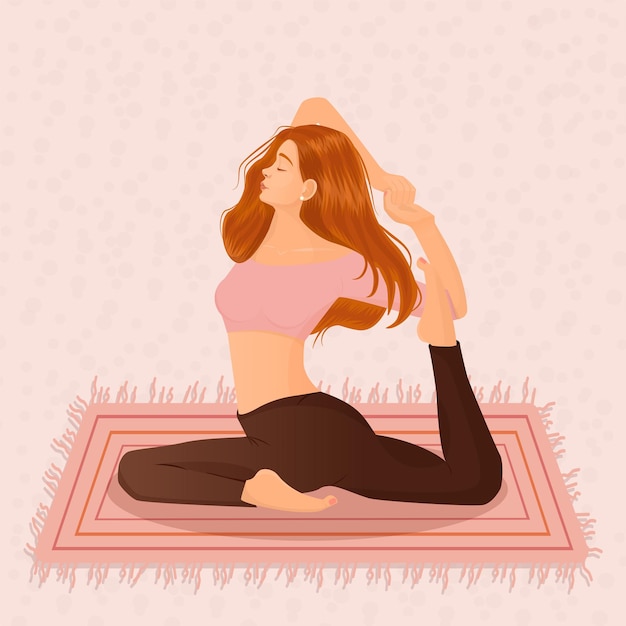 Ilustración de vector de una chica pelirroja haciendo yoga en la alfombra sobre un fondo rosa