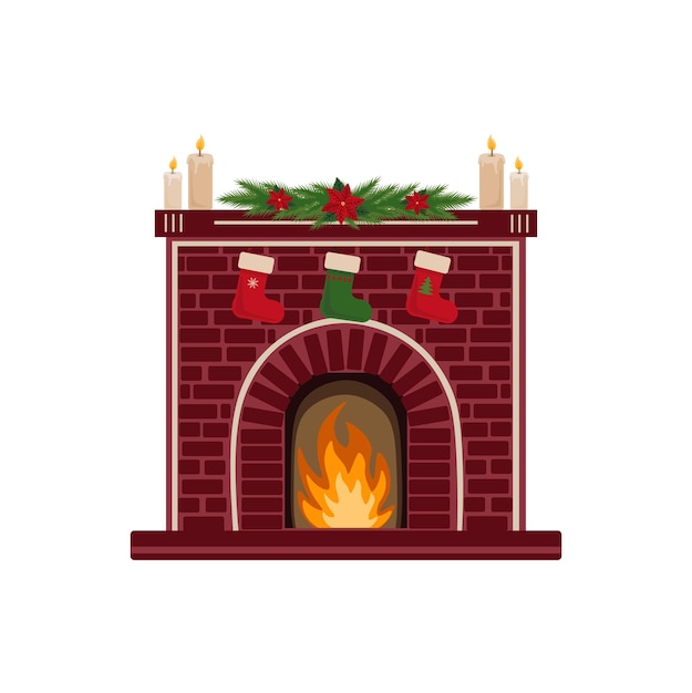 Ilustración de vector de chimenea de Navidad aislada sobre fondo blanco Chimenea con calcetines de decoración de Navidad y velas