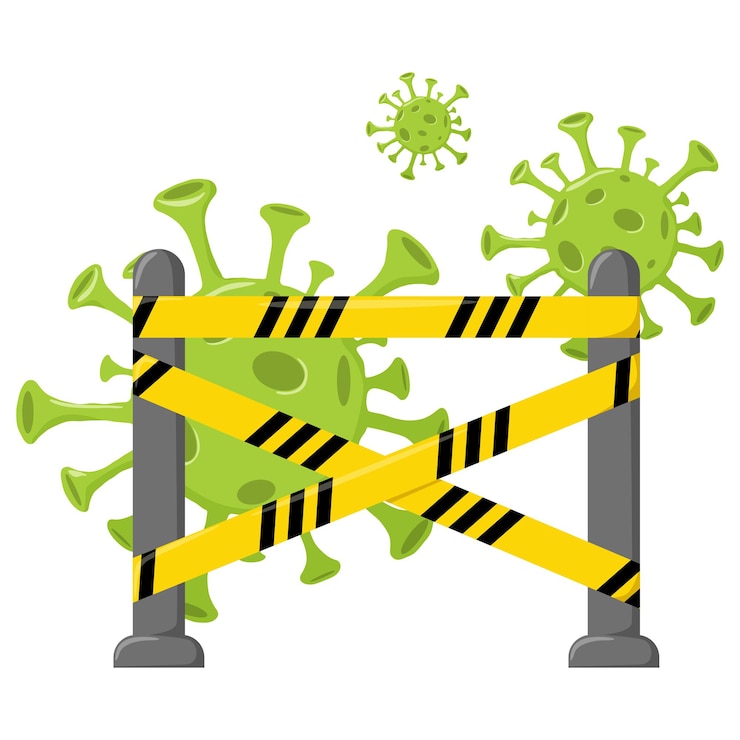 Vector ilustración de vector con cinta de advertencia de peligro de estilo plano covid una nueva cepa de coronavirus