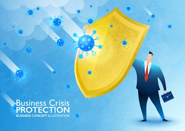 Vector ilustración de vector de cobertura de seguro empresarial con empresario sosteniendo escudo dorado contra la crisis del coronavirus