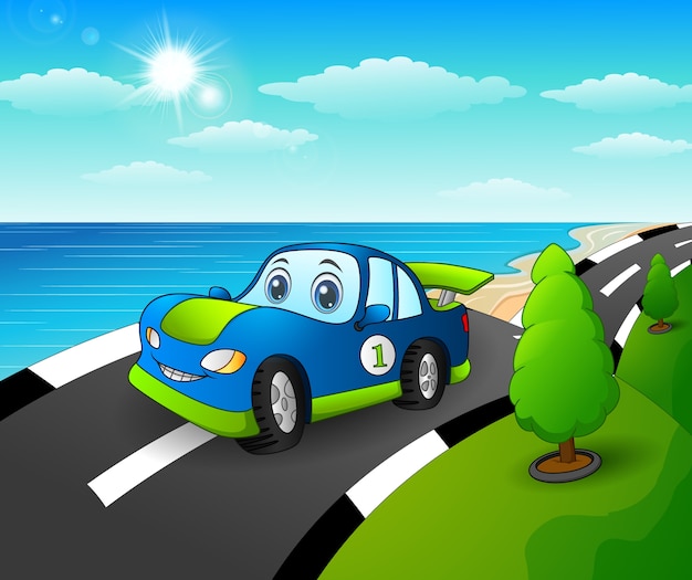 Ilustración de vector de coche deportivo azul en la carretera costera