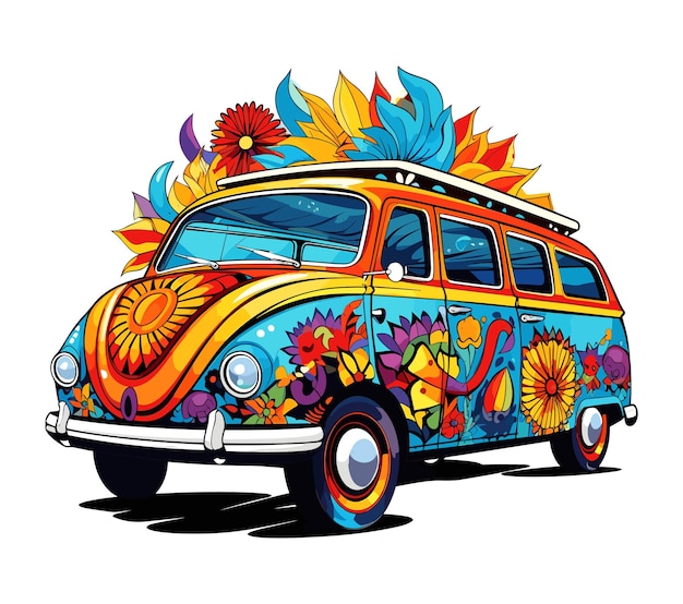 Ilustración de vector de coche retro hippie de los años 90