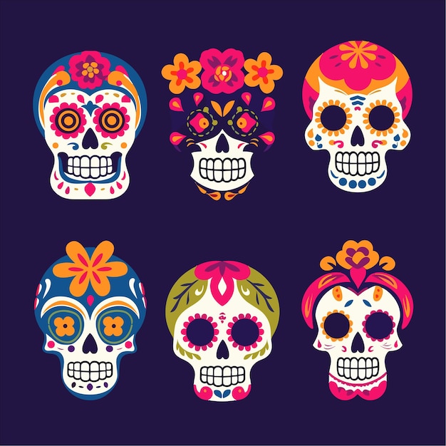 Vector ilustración de vector de colección de calaveras planas dia de muertos