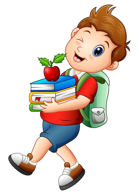 Ilustración de vector de colegial con libros y manzana