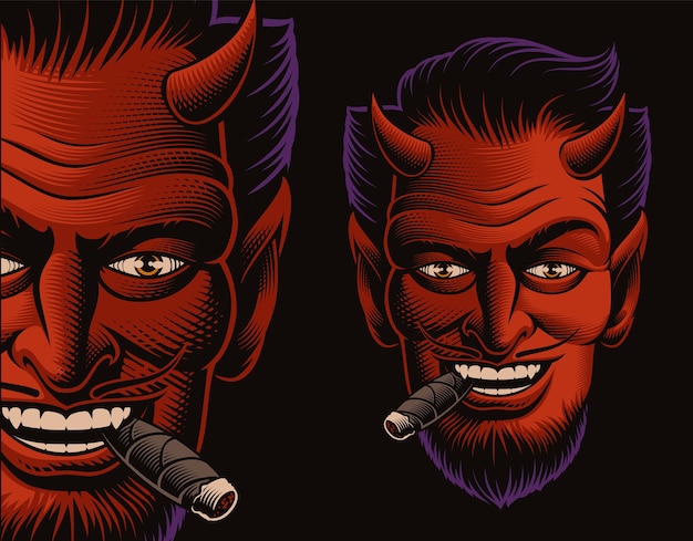 Ilustración de vector de color de la cara de un diablo fumando un cigarro en la oscuridad