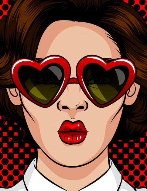 Ilustración de vector de color en estilo pop art. La mujer con gafas de sol en forma de corazón. La mujer envía un beso. Hermosa mujer con gafas morenas con un estilo de 60-80 en un marco de plástico
