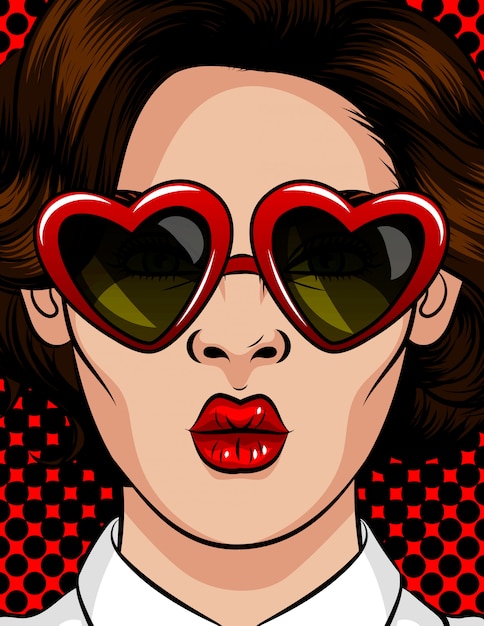 Vector ilustración de vector de color en estilo pop art. la mujer con gafas de sol en forma de corazón. la mujer envía un beso. hermosa mujer con gafas morenas con un estilo de 60-80 en un marco de plástico