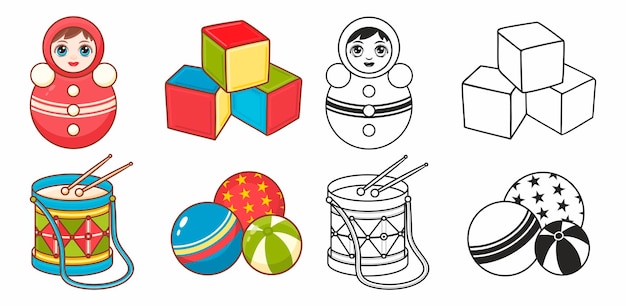 Ilustración de vector de color y negro para colorear libro Roly poly nevalyashka Tambor de cubos de madera