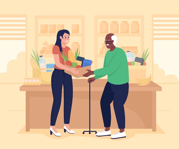 Ilustración de vector de color plano de banco de alimentos. Donando contribución a los pobres. Servicio social para personas mayores. Voluntario dando caja de suministros a personajes de dibujos animados 2D de hombre mayor con supermercado en el fondo