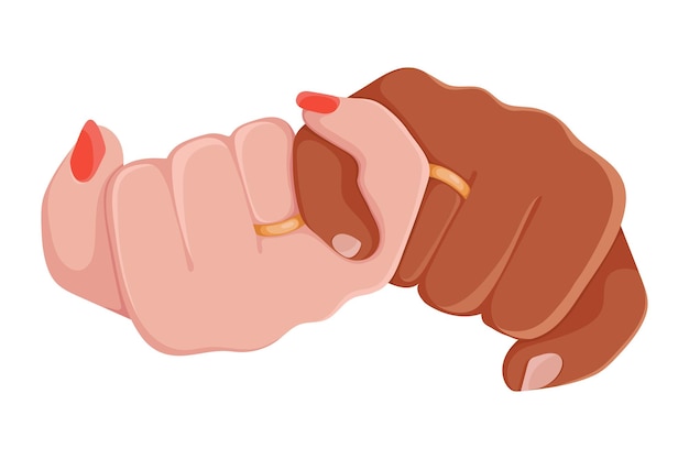 Ilustración de vector de color plano de boda compromiso romántico tomados de la mano con anillo de oro en el dedo
