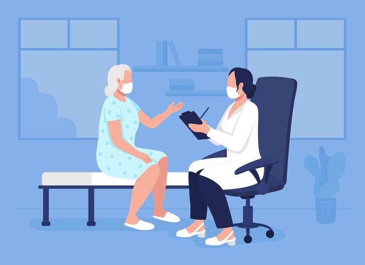 Ilustración de vector de color plano de consulta médica. Psicoterapia para adultos mayores. Paciente anciano que visita al consejero geriátrico personajes de dibujos animados 2D con sala de consulta en el fondo
