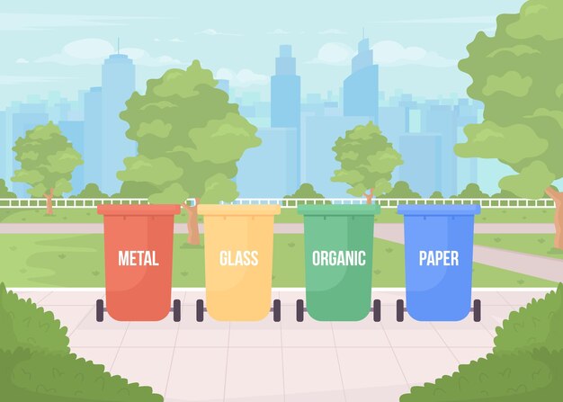 Ilustración de vector de color plano de contenedores de separación de basura