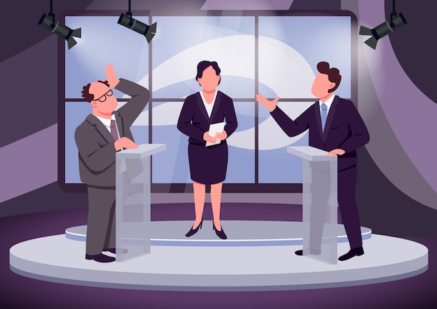 Ilustración de vector de color plano de debate de televisión. Presentador de entrevistas políticas y oradores Personajes de dibujos animados en 2D con estudio en el fondo. Discusión pública Opositores políticos detrás de tribunas
