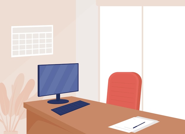 Vector ilustración de vector de color plano de lugar de trabajo de empleado. escritorio de oficina con computadora y documento. mesa en el espacio de trabajo para el trabajador. interior corporativo de dibujos animados 2d con muebles en el fondo