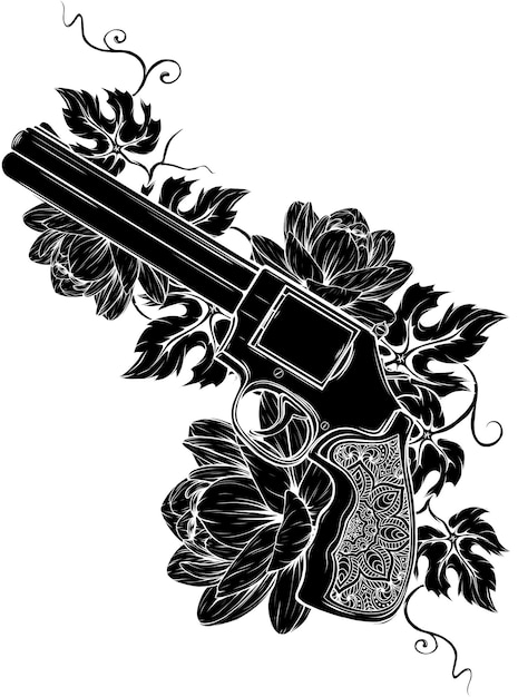 Ilustración de vector de color revólver y flores