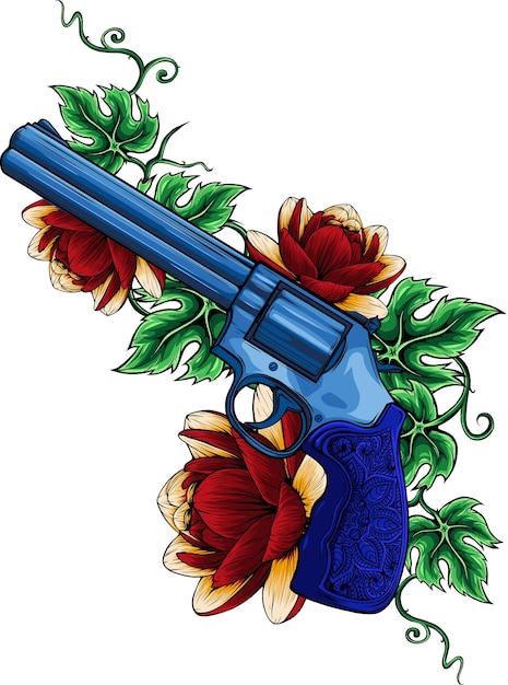 Ilustración de vector de color revólver y flores