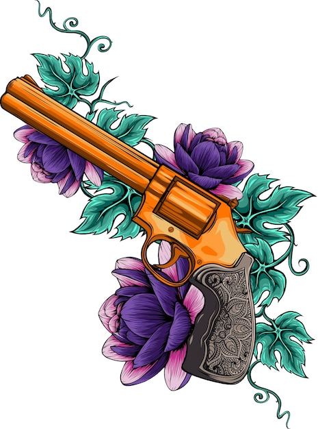 Ilustración de vector de color revólver y flores