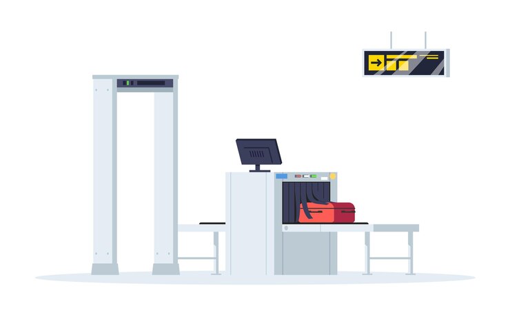 Vector ilustración de vector de color rgb semi plano de control de fronteras. puertas de control de seguridad en la terminal del aeropuerto. control de contrabando. cinta transportadora de equipaje objeto de dibujos animados aislado sobre fondo blanco.