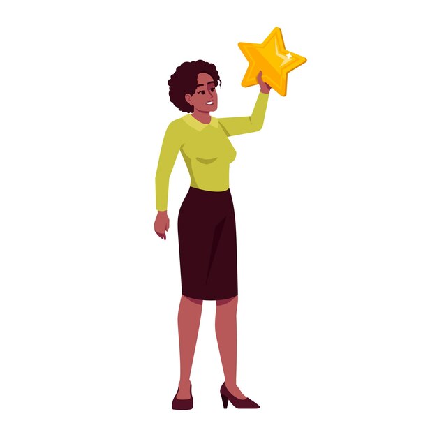 Ilustración de vector de color RGB semi plano emprendedor exitoso. Feliz empresaria sosteniendo estrella personaje de dibujos animados aislado sobre fondo blanco. Celebrando el concepto de logro de metas
