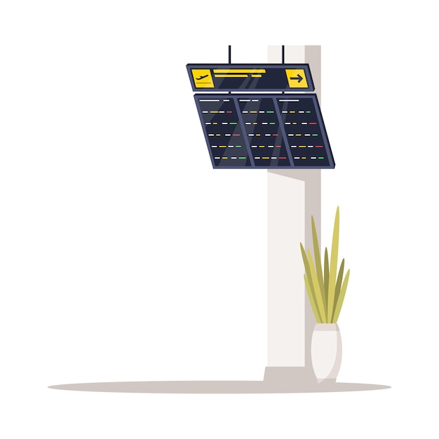 Ilustración de vector de color RGB semi plano de información de vuelo. Horario en el lobby para verificar la salida. Pantalla digital. Monitor de información de la terminal del aeropuerto aislado objeto de dibujos animados sobre fondo blanco.