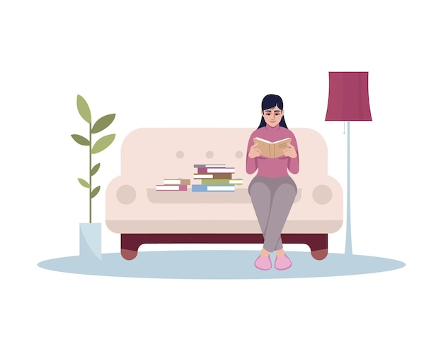 Ilustración de vector de color RGB semi plano de libro de lectura de mujer. La mujer se sienta en el sofá con la revista. Estilo de vida y afición. Actividad casera para el ocio. Lector personaje de dibujos animados aislado sobre fondo blanco.