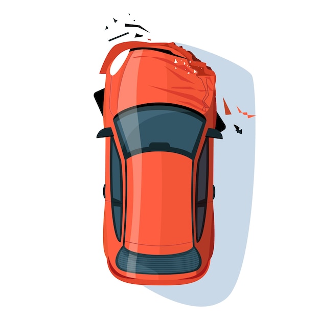 Ilustración de vector de color RGB semi plano de parachoques automático estrellado. Accidente automovilistico. Colisión en carretera. Seguro de reclamación para el transporte. Vista superior del objeto de dibujos animados aislado sedán rojo sobre fondo blanco