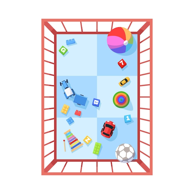 Ilustración de vector de color RGB semi plano del parque. Juguetes para entretenimiento de bebés. Espacio seguro para que los niños jueguen. Vista superior del objeto de dibujos animados aislado del patio del hogar del niño en el fondo blanco