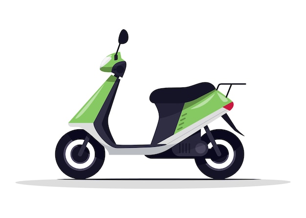 Ilustración de vector de color RGB semi plano de scooter verde. Bicicleta eléctrica clásica para viajes por carretera en Italia. Ciclomotor urbano para montar. Transporte de entrega objeto de dibujos animados aislado sobre fondo blanco.