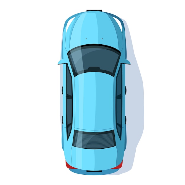 Ilustración de vector de color RGB semi plano sedán azul. Transporte para viaje por carretera. Automóvil hatchback en las calles de la ciudad. Vista superior del objeto de dibujos animados aislado del vehículo personal sobre fondo blanco