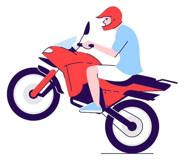 Ilustración de vector de color RGB semiplano de conductor agresivo montando motocicleta. Figura posando. Estilo de vida activo. Motociclista con comportamiento de conducción inseguro aislado personaje de dibujos animados sobre fondo blanco.