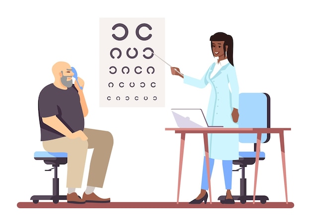 Ilustración de vector de color RGB semiplano de prueba de visión. Oftalmólogo visitante para examen ocular regular personajes de dibujos animados aislados sobre fondo blanco