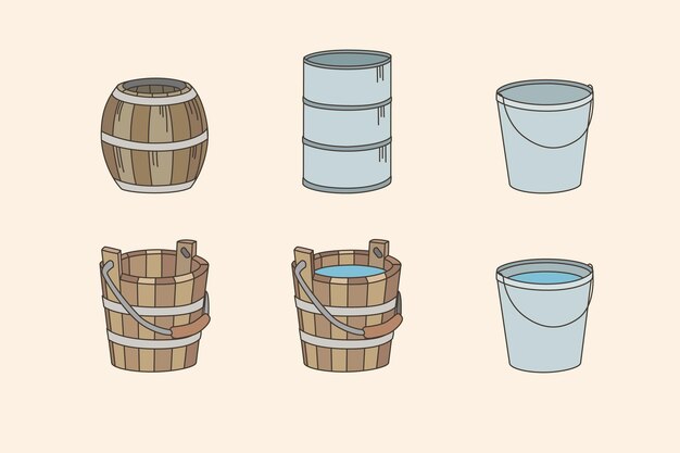Ilustración de vector de color de varios objetos de madera y metal sobre un fondo blanco