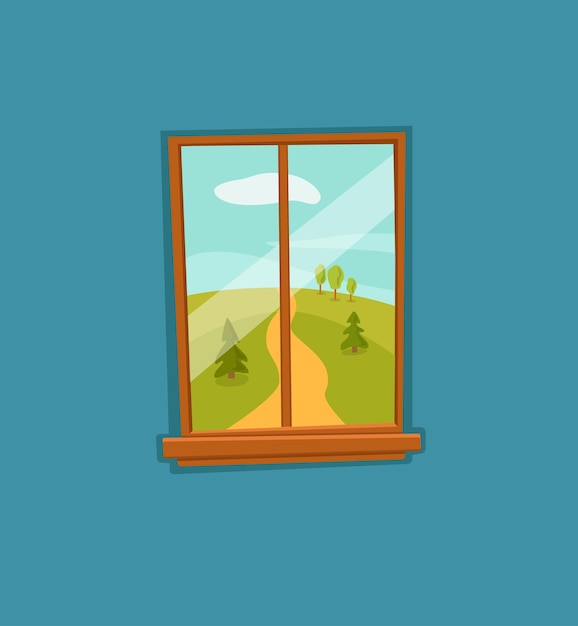 Ilustración de vector colorido de dibujos animados de ventana con paisaje de sol de verano de valle con carretera, campo verde de árboles