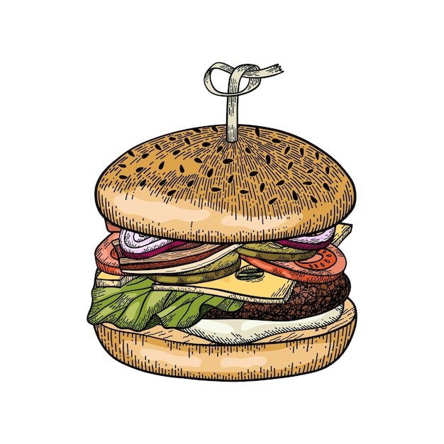 Ilustración de vector colorido hamburguesa en estilo esbozado vintage.