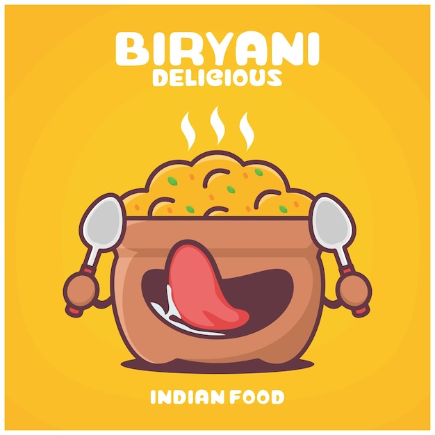 Ilustración de vector de comida india de dibujos animados de arroz biryani