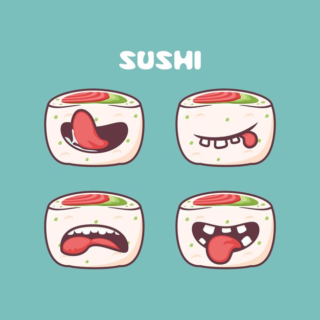Ilustración de vector de comida japonesa de dibujos animados de sushi Urumaki con diferentes expresiones de boca