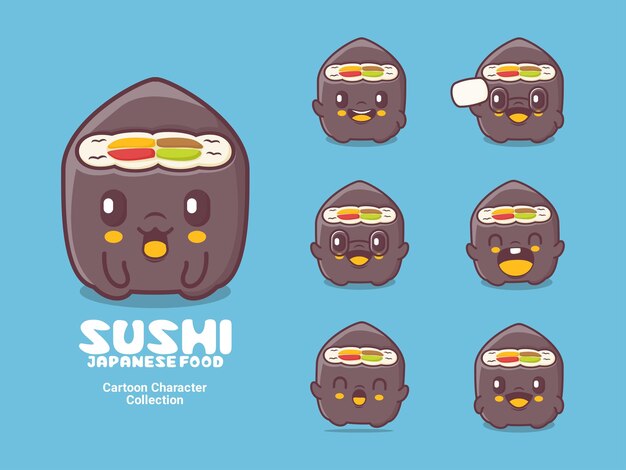 Ilustración de vector de comida japonesa de personaje de dibujos animados de sushi