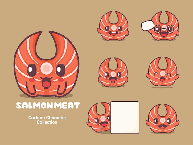 Ilustración de vector de comida de personaje de dibujos animados de carne de salmón