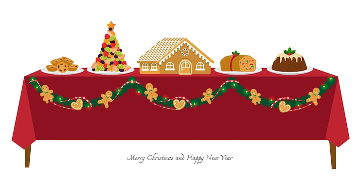 Vector ilustración vector comida y postre en la mesa en el concepto de fiesta de feliz navidad