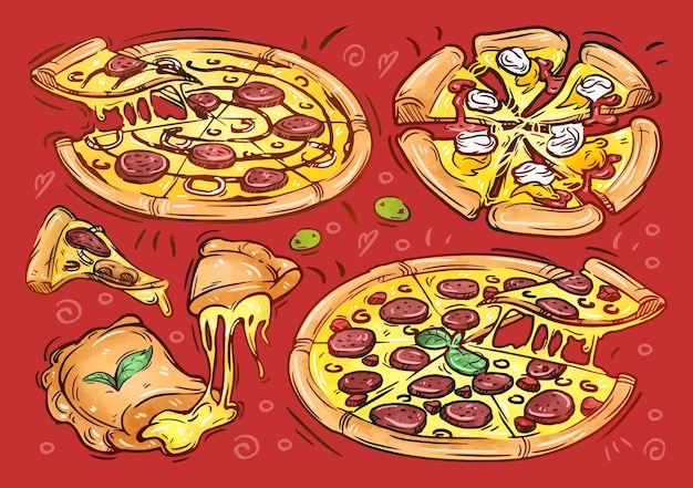 Ilustración de vector de comida rápida Boceto dibujado a mano Pizza calzone pepperoni margarita queso